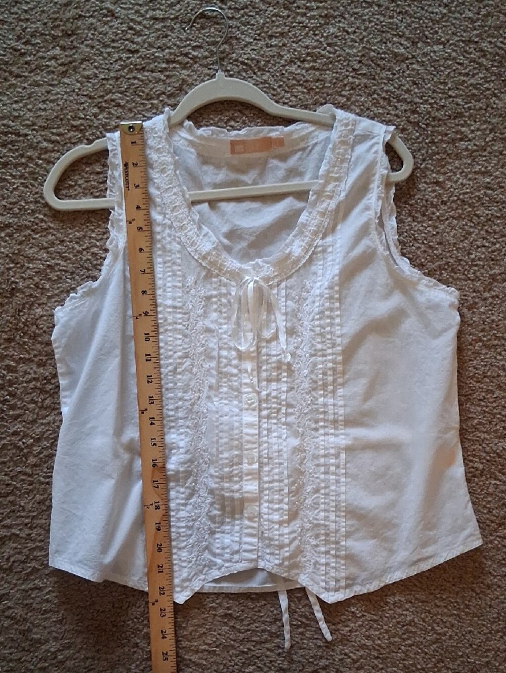 La Cera Sleeveless White Ruffled Tie-Neck 100% Cotton Corset Tank Blouse - Picture 7 of 8